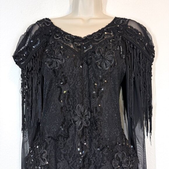 Vintage Black Beaded Fringe Gown Lace Ruched Sequin Cocktail Whimsigoth Dress M - Picture 4 of 17